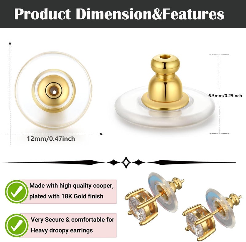 Formulen 6 PCS Big Earring Backs Replacements, 12mm/0.47 Inch Earring Backs for Big Studs/Droopy Heavy Earrings, Hypoallergenic Clear Comfortable for Women & Men Gold Color - Image 3